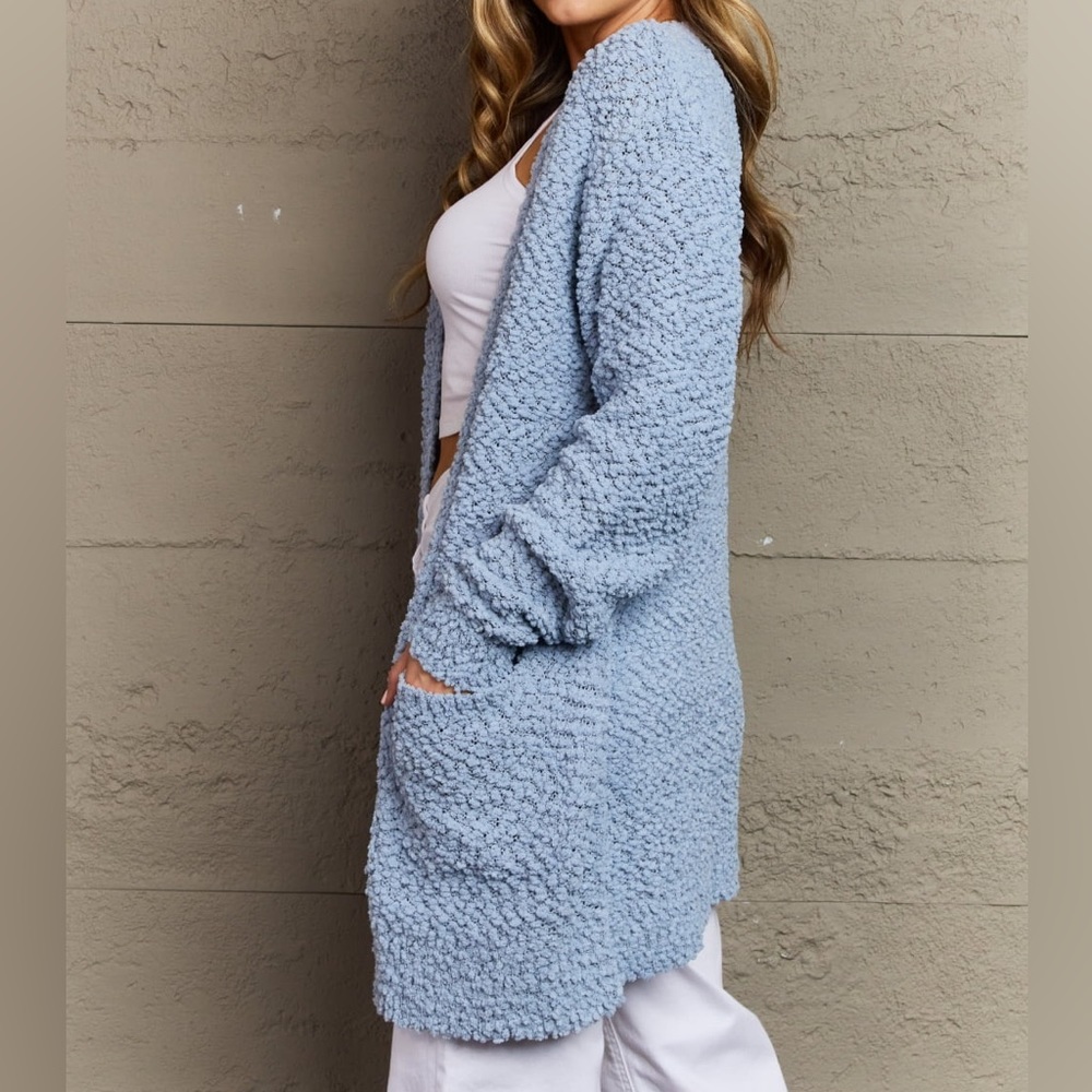 NEW Zenana Falling For You Full Size Open Front Popcorn Cardigan in Pastel Blue - Picture 4 of 6